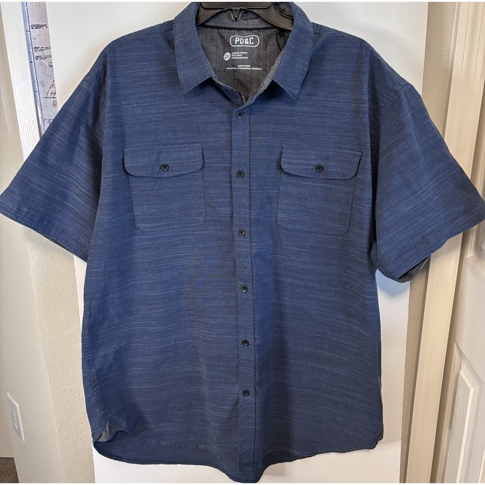 PD&C Blue Pattern Button Down Shirt Short Sleeve Mens Size 2XL Casual